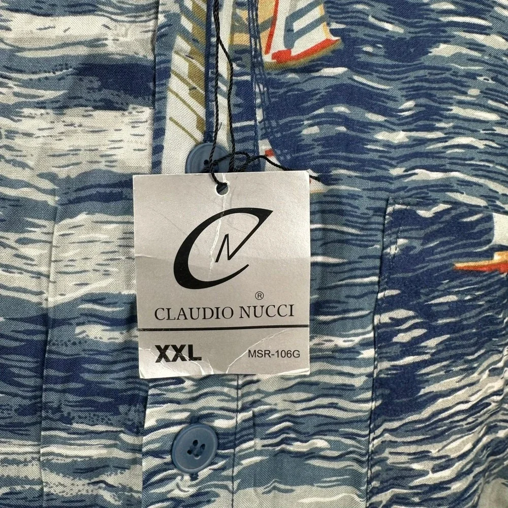 Claudio Nucci Mens Hawaiian Aloha Shirt Size XXL Blue Tropical Island Sailboat